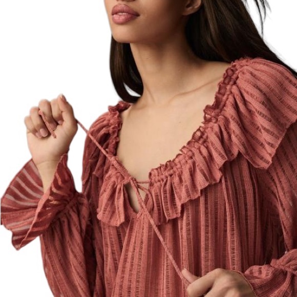 LN Anthropologie Long-Sleeve Sheer Striped Off Shoulder Cropped Top in Rose - S - Picture 5 of 16